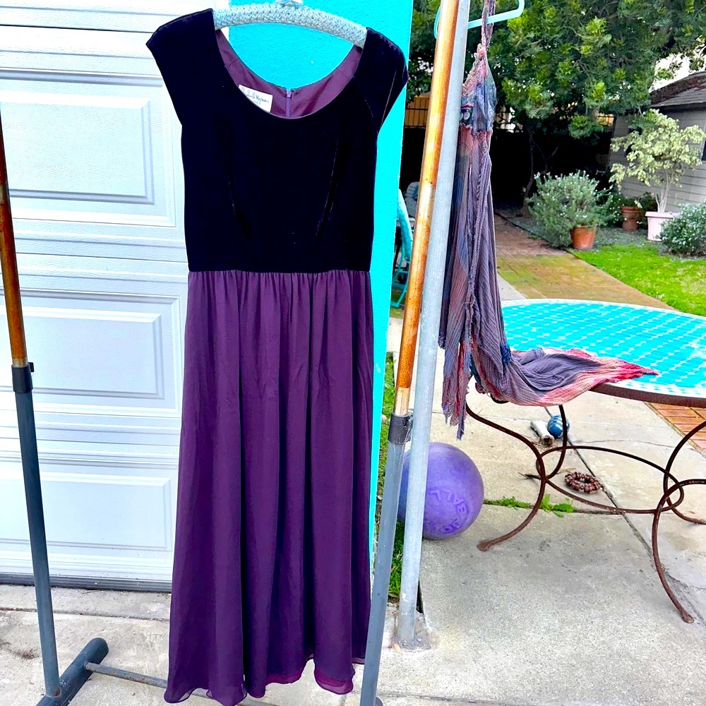 VINTAGE 80's/90's  ELIZABETH WAYMAN PURPLE SILK VELVET DRESS W/ SASH